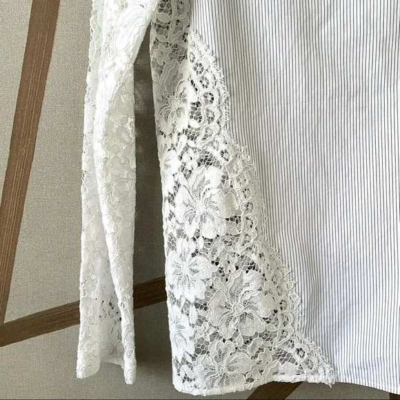 SANDRO | 🤍 White Lace Mock Neck Blouse w/ Thin Pinstripe Panel | Size 1 (Small) - Picture 12 of 16